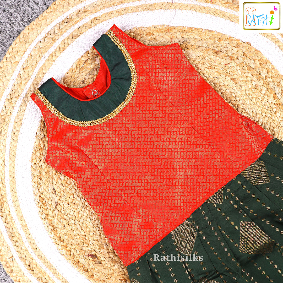 Red Blouse with Dark Green Art Silk Pavadai Set