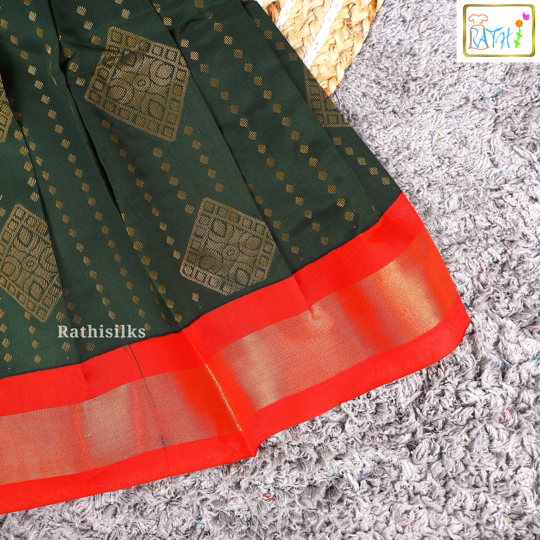 Red Blouse with Dark Green Art Silk Pavadai Set