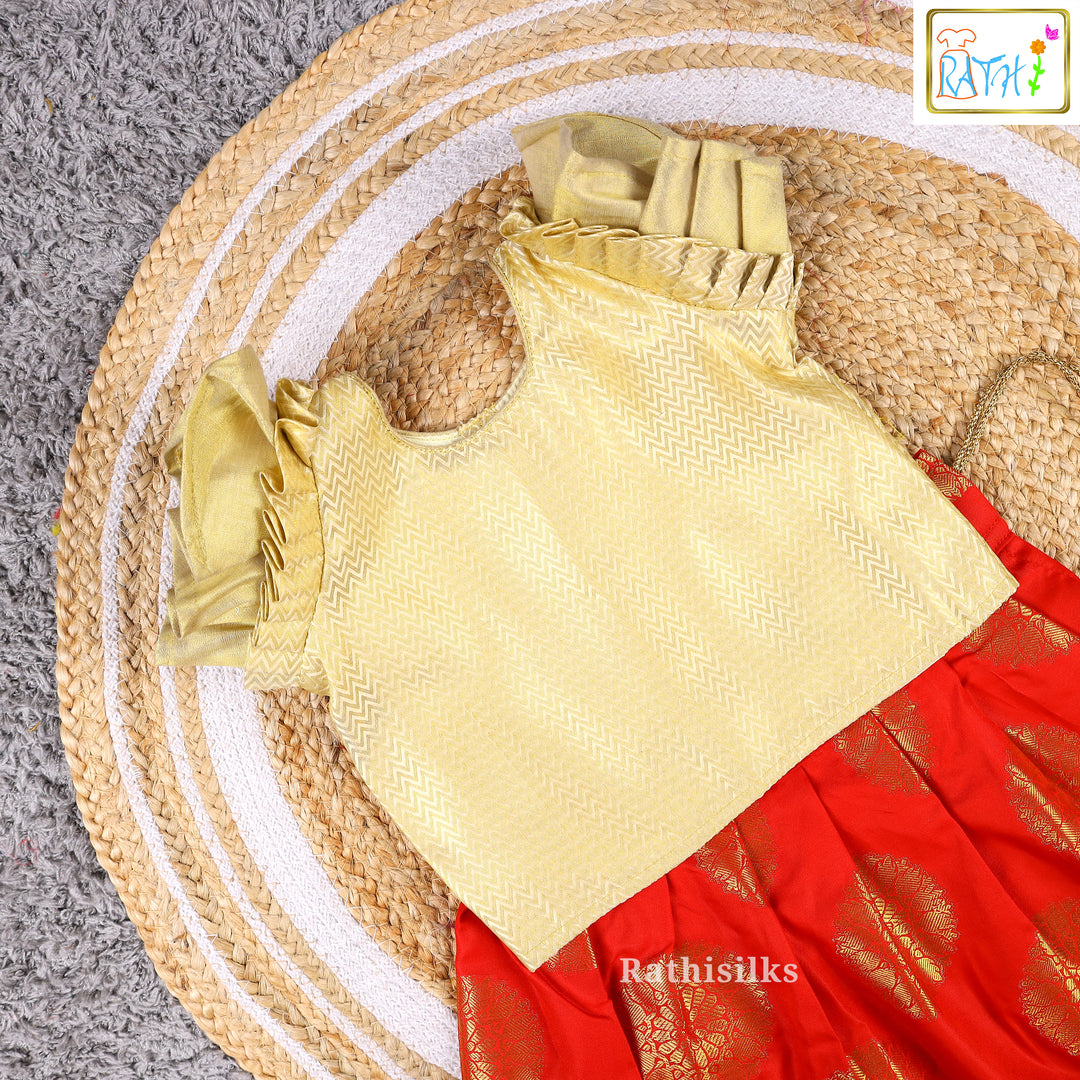 Gold Blouse with Red Art Silk Pavadai Set