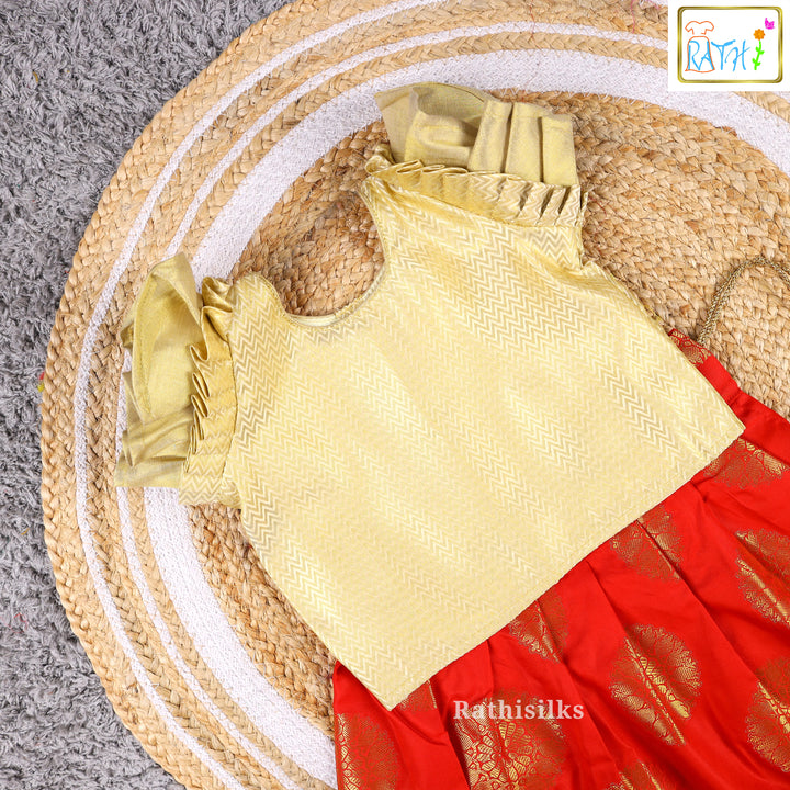 Gold Blouse with Red Art Silk Pavadai Set