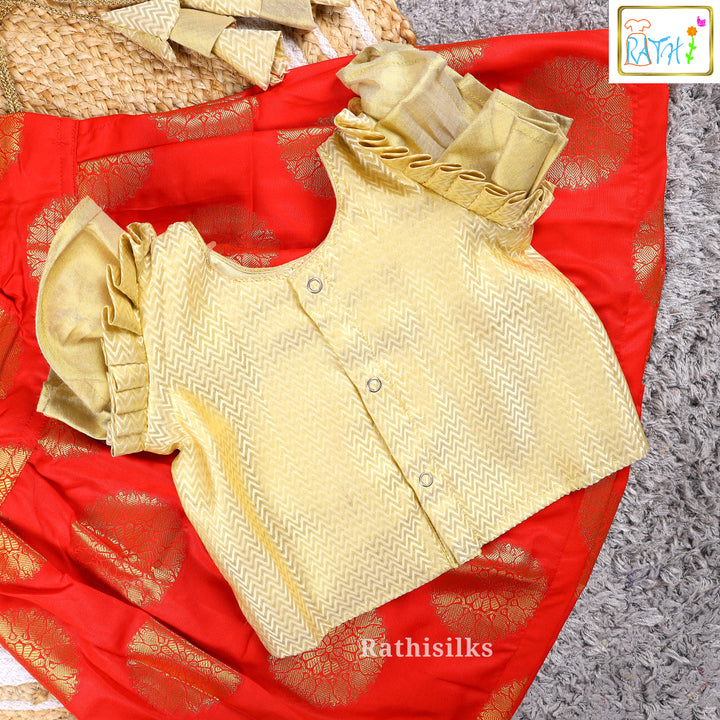 Gold Blouse with Red Art Silk Pavadai Set