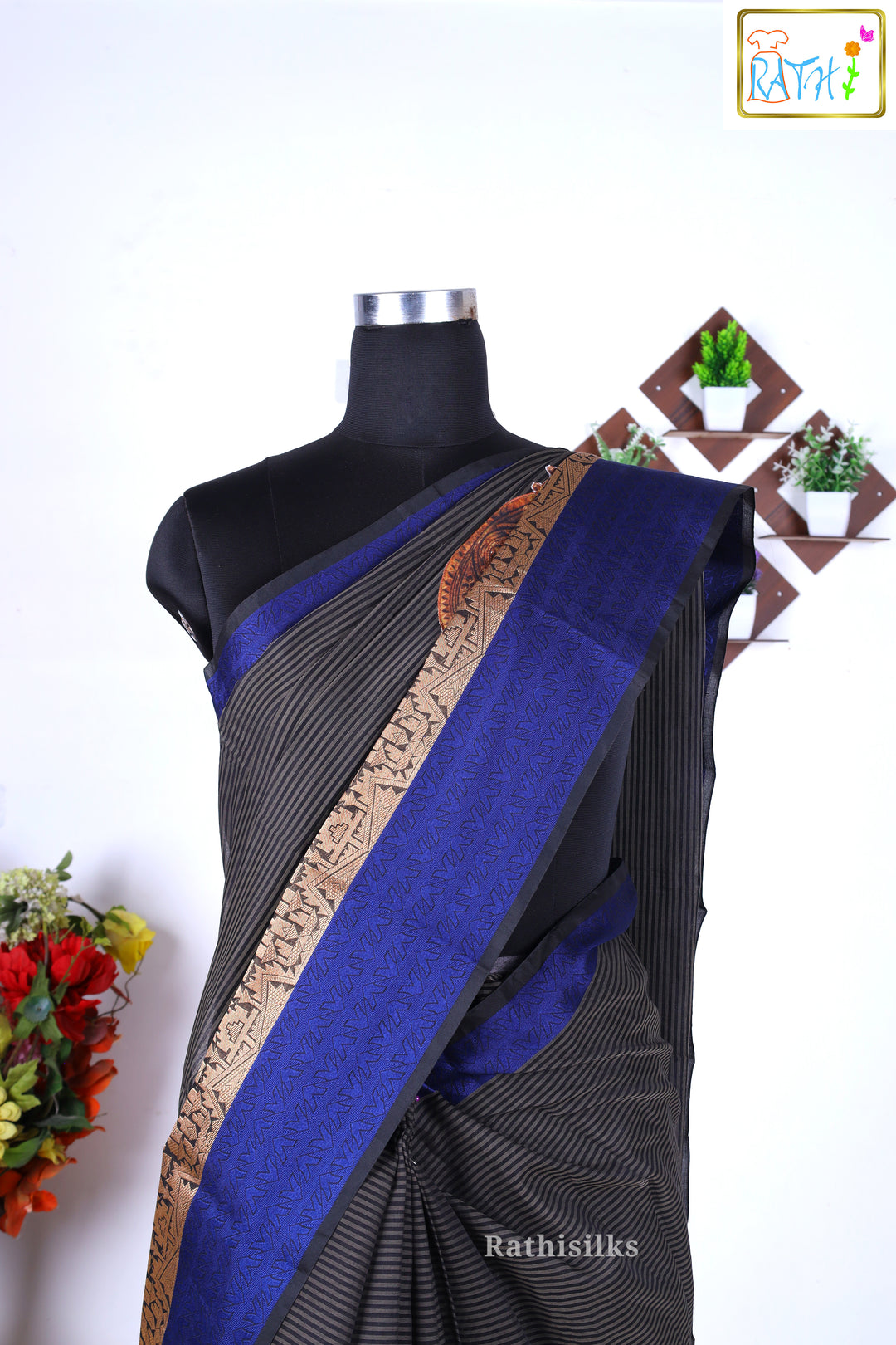 Striking Black & Blue Art Silk Fancy Saree