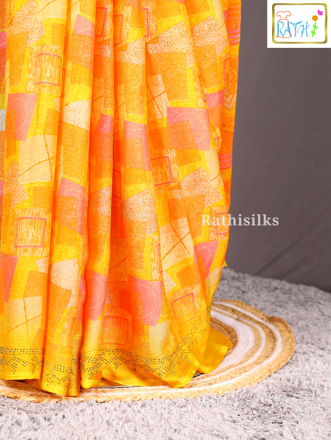 Yellow Satin Printed Saree