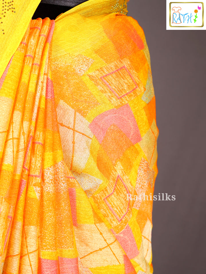 Yellow Satin Printed Saree