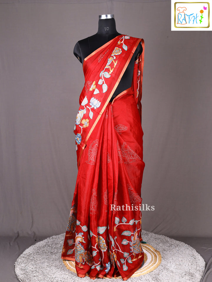 Red Satin Printed Saree
