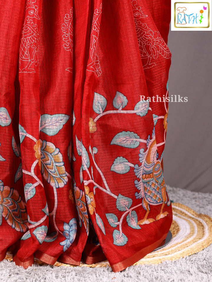 Red Satin Printed Saree