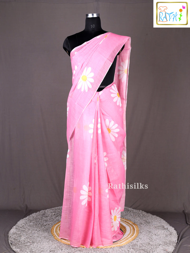 Pink Linen Cotton Saree