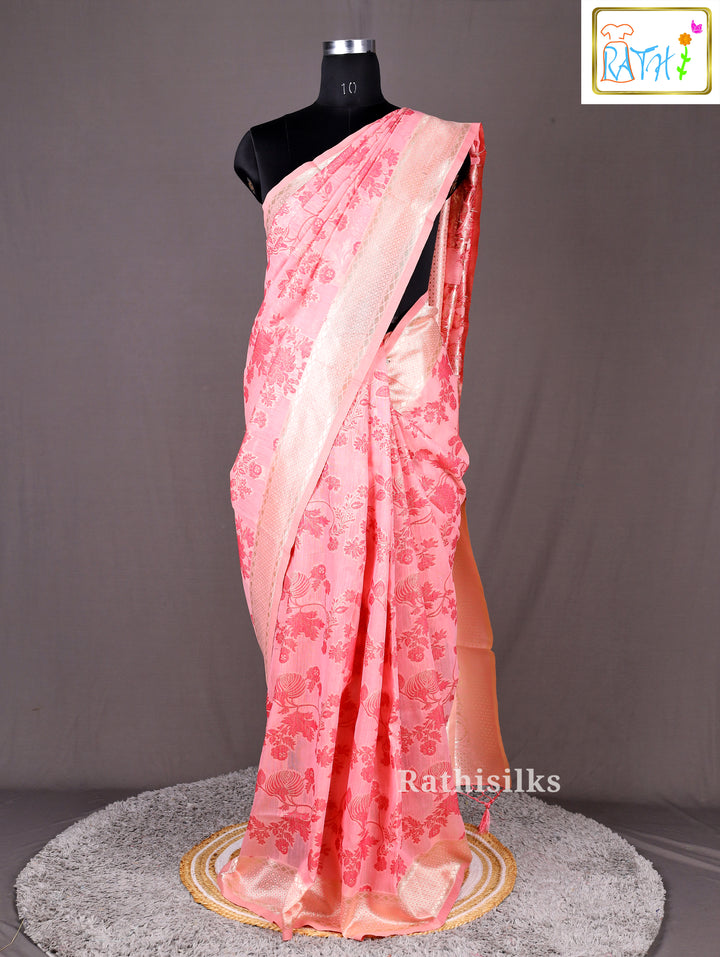 Peach Pink Semi Raw Silk Saree