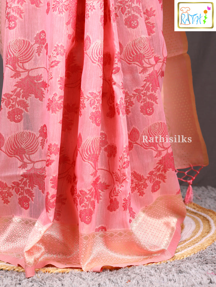 Peach Pink Semi Raw Silk Saree