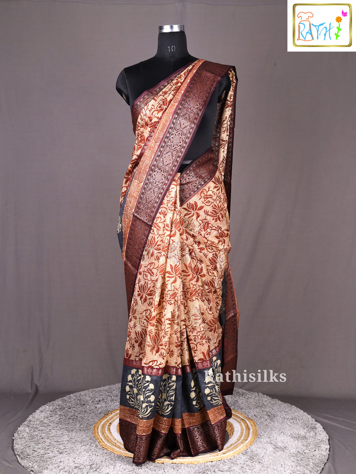 Brown & Beige Synthetic Printed Saree