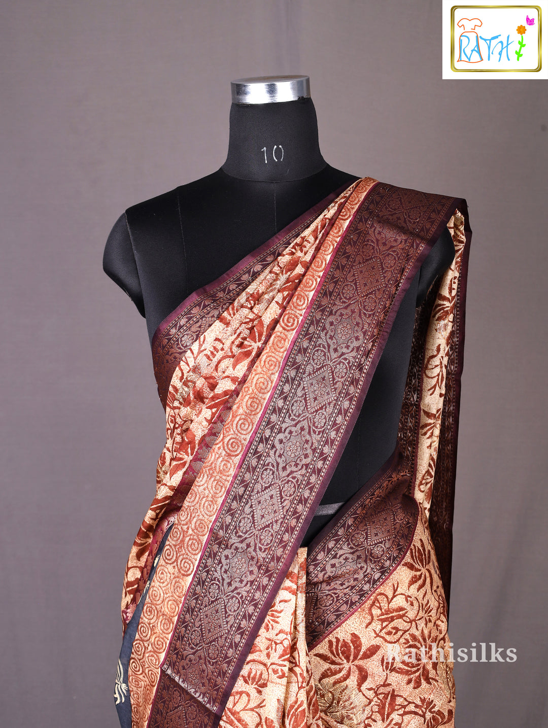 Brown & Beige Synthetic Printed Saree