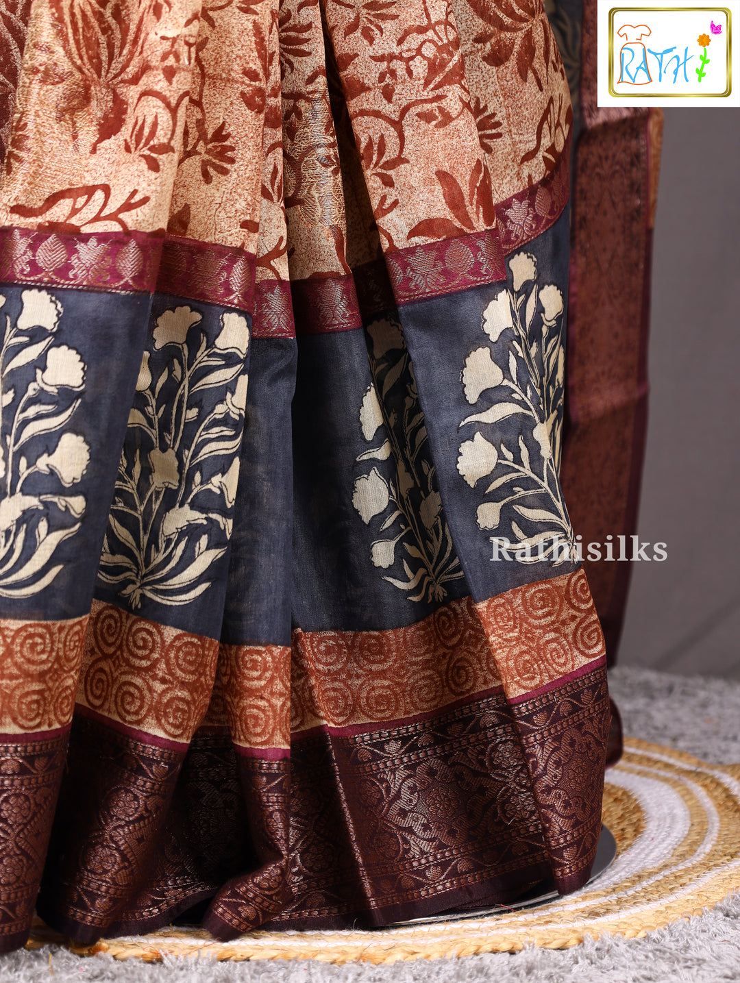 Brown & Beige Synthetic Printed Saree