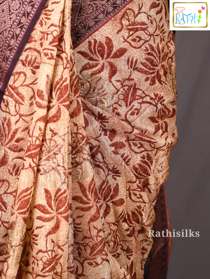 Brown & Beige Synthetic Printed Saree