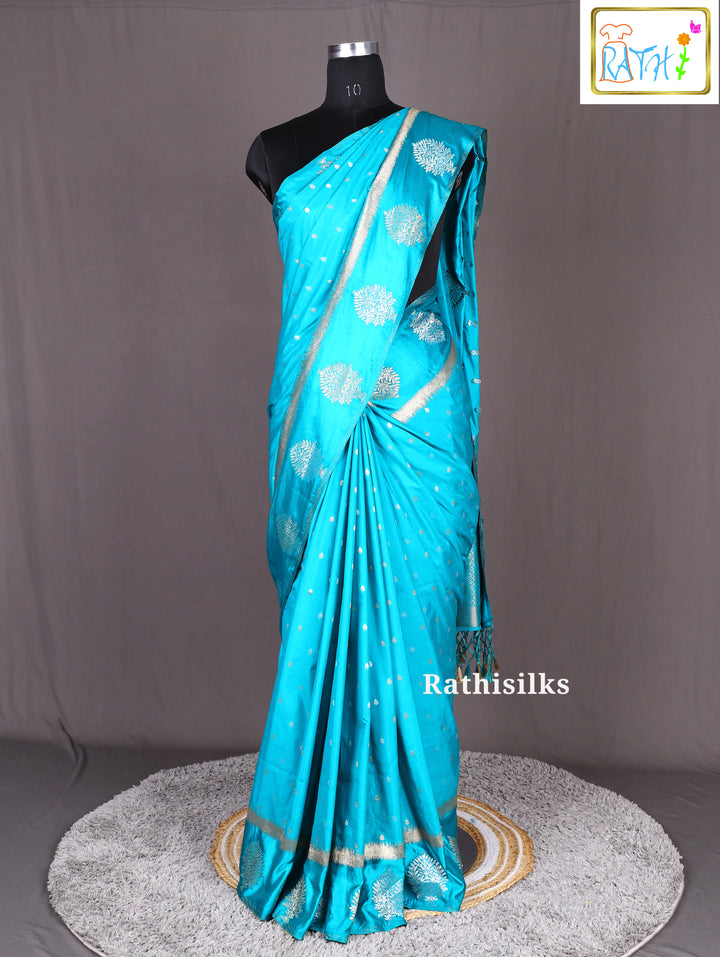 Turquoise Silver Motif Art Silk Saree