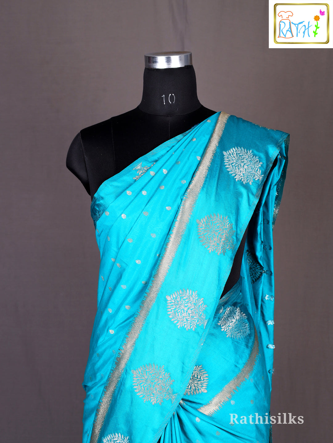 Turquoise Silver Motif Art Silk Saree
