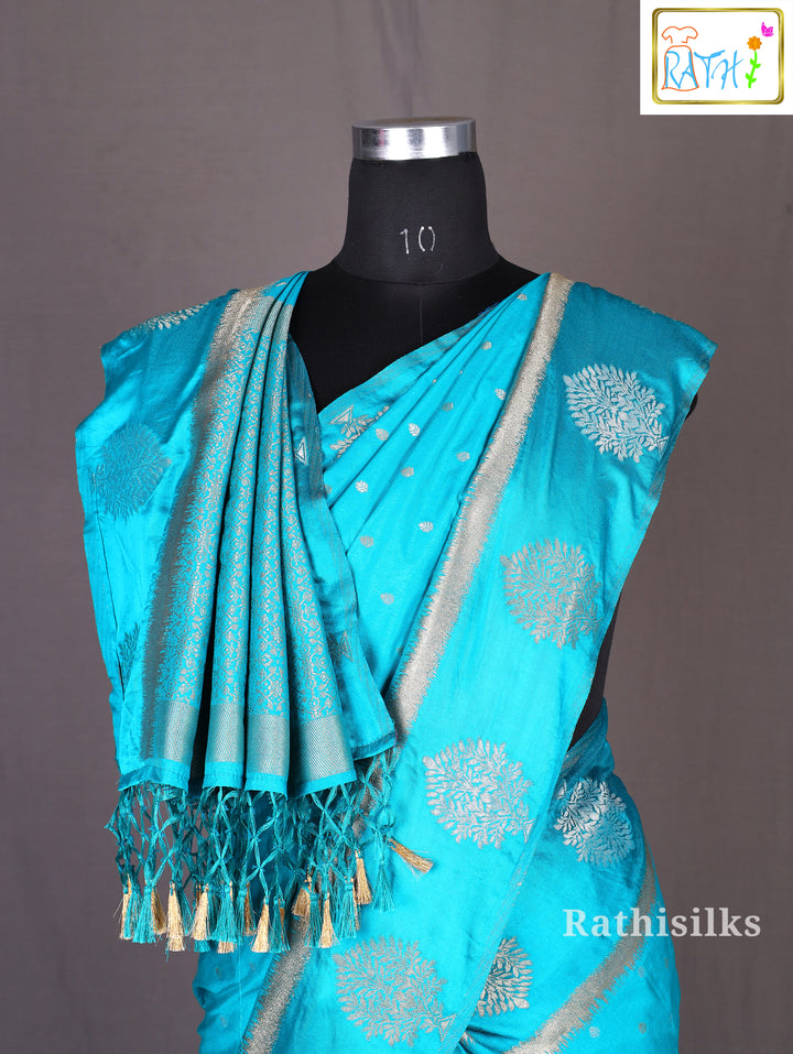 Turquoise Silver Motif Art Silk Saree
