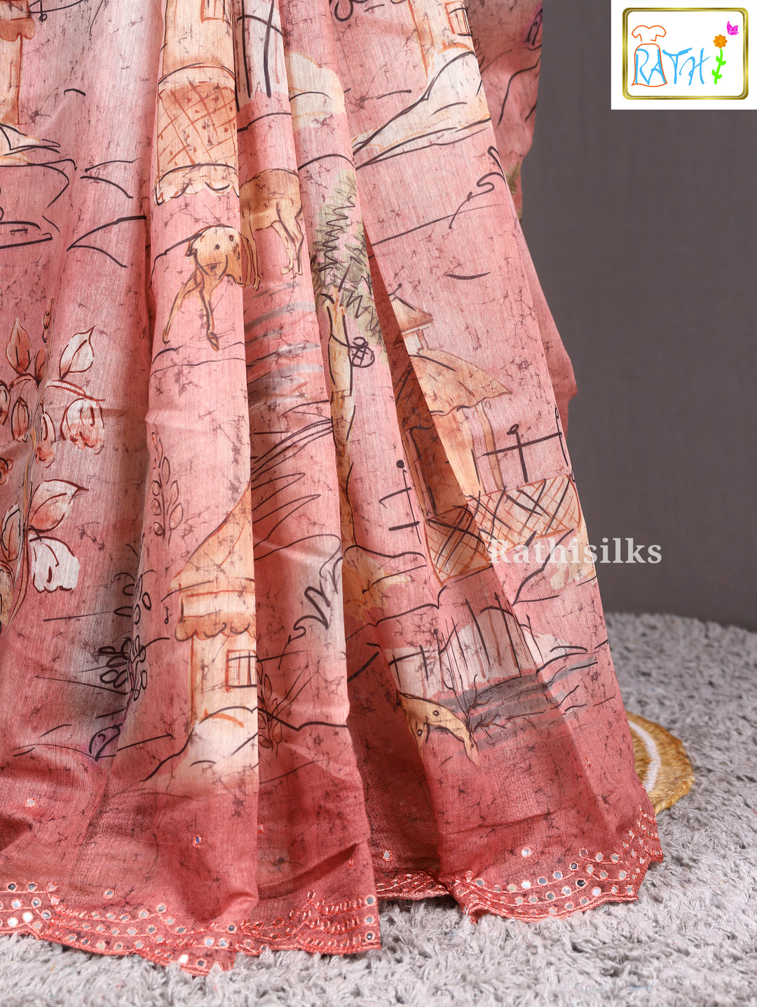 Peach Scallop Border Printed Synthetic Saree