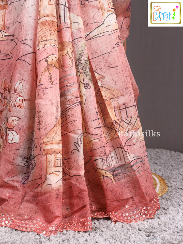 Peach Scallop Border Printed Synthetic Saree