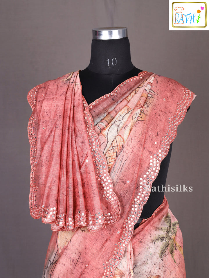 Peach Scallop Border Printed Synthetic Saree
