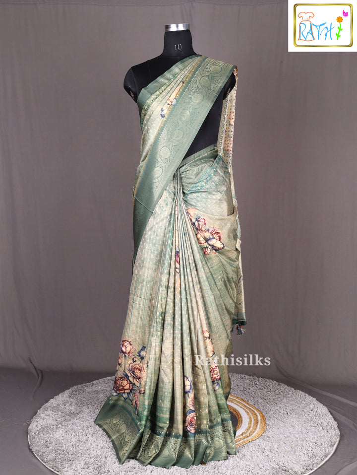 Green Floral Art Print Synthetic Saree