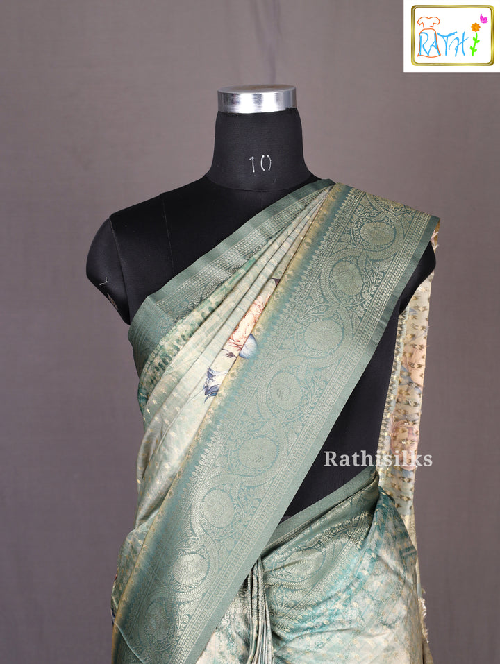 Green Floral Art Print Synthetic Saree