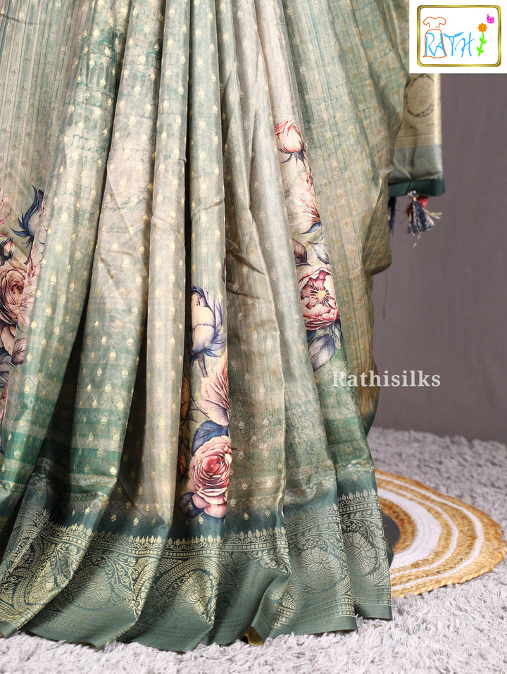 Green Floral Art Print Synthetic Saree