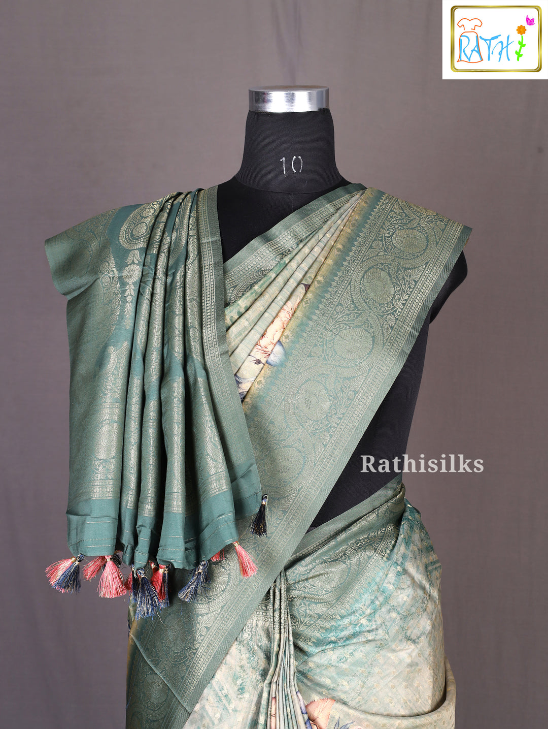 Green Floral Art Print Synthetic Saree