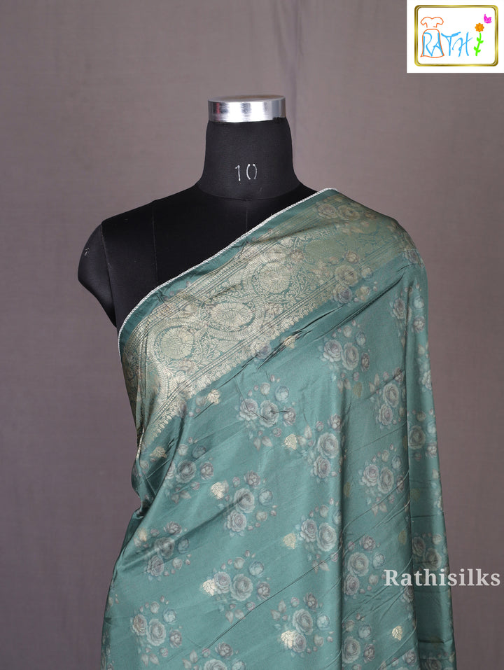 Green Floral Art Print Synthetic Saree