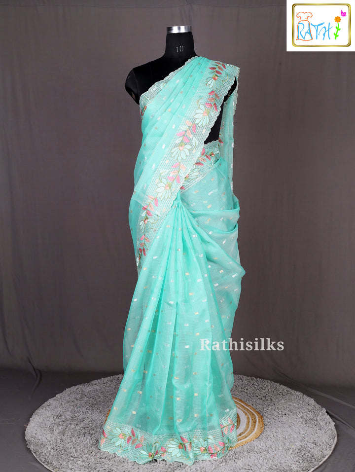 Mint Green Floral Organza Saree