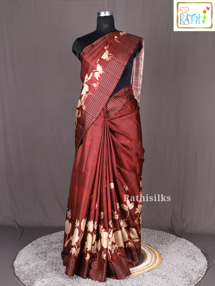 Maroon Floral Border Semi Tussar Saree