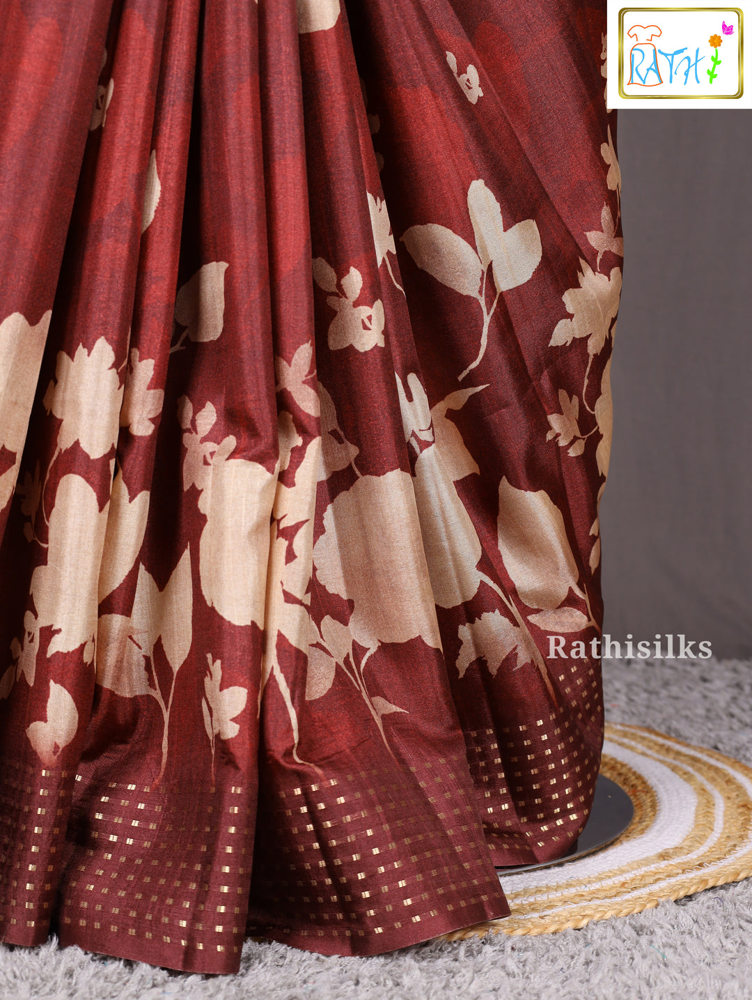 Maroon Floral Border Semi Tussar Saree