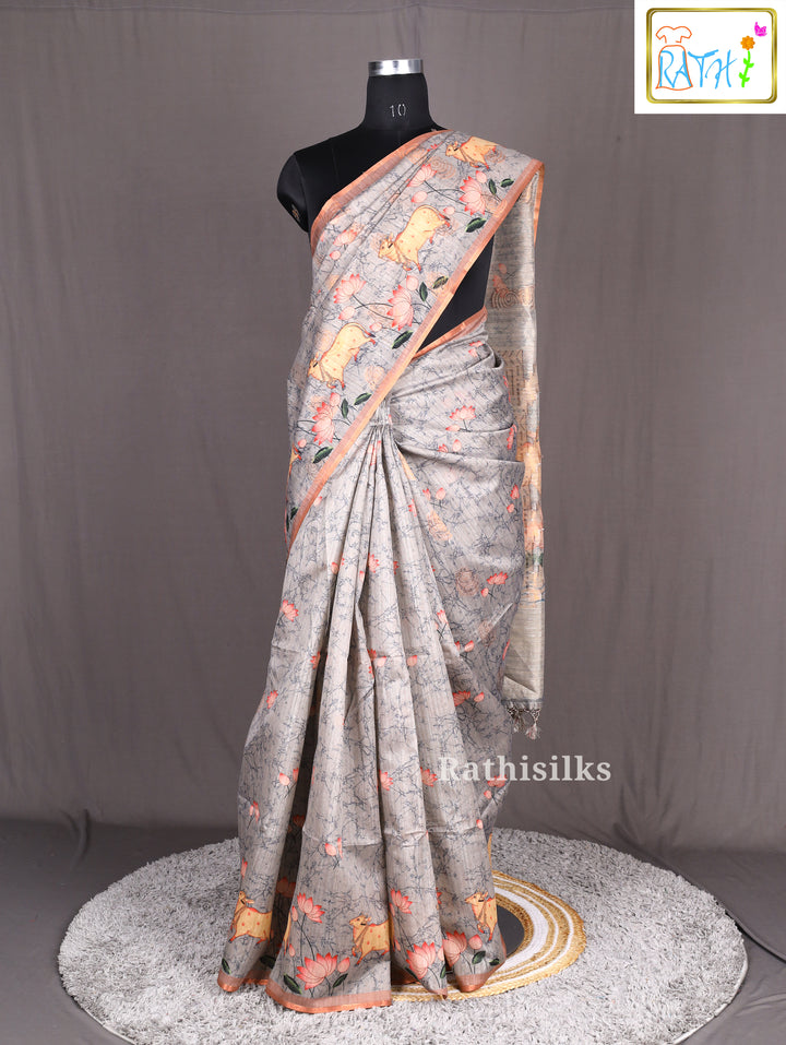 Grey Lotus & Cow Design Cotta Cotton Saree