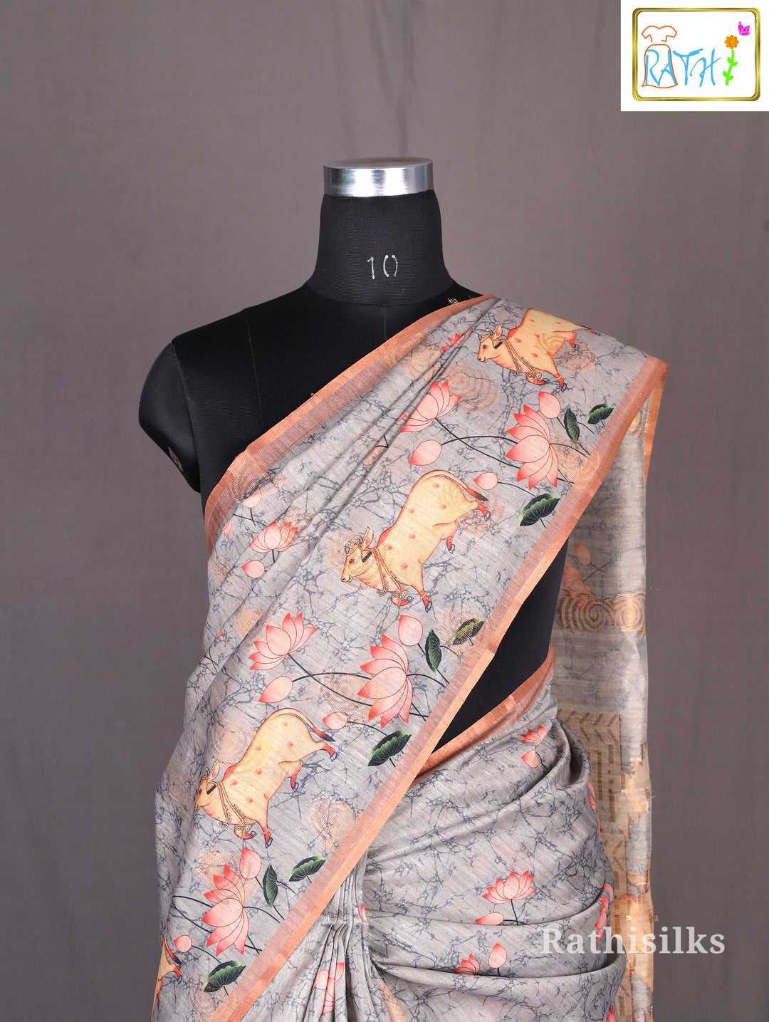 Grey Lotus & Cow Design Cotta Cotton Saree