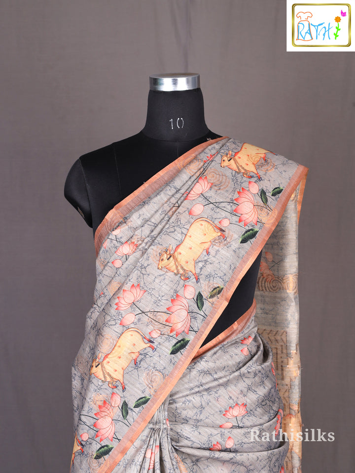 Grey Lotus & Cow Design Cotta Cotton Saree
