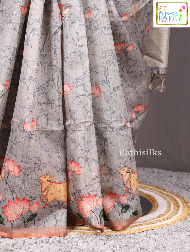 Grey Lotus & Cow Design Cotta Cotton Saree