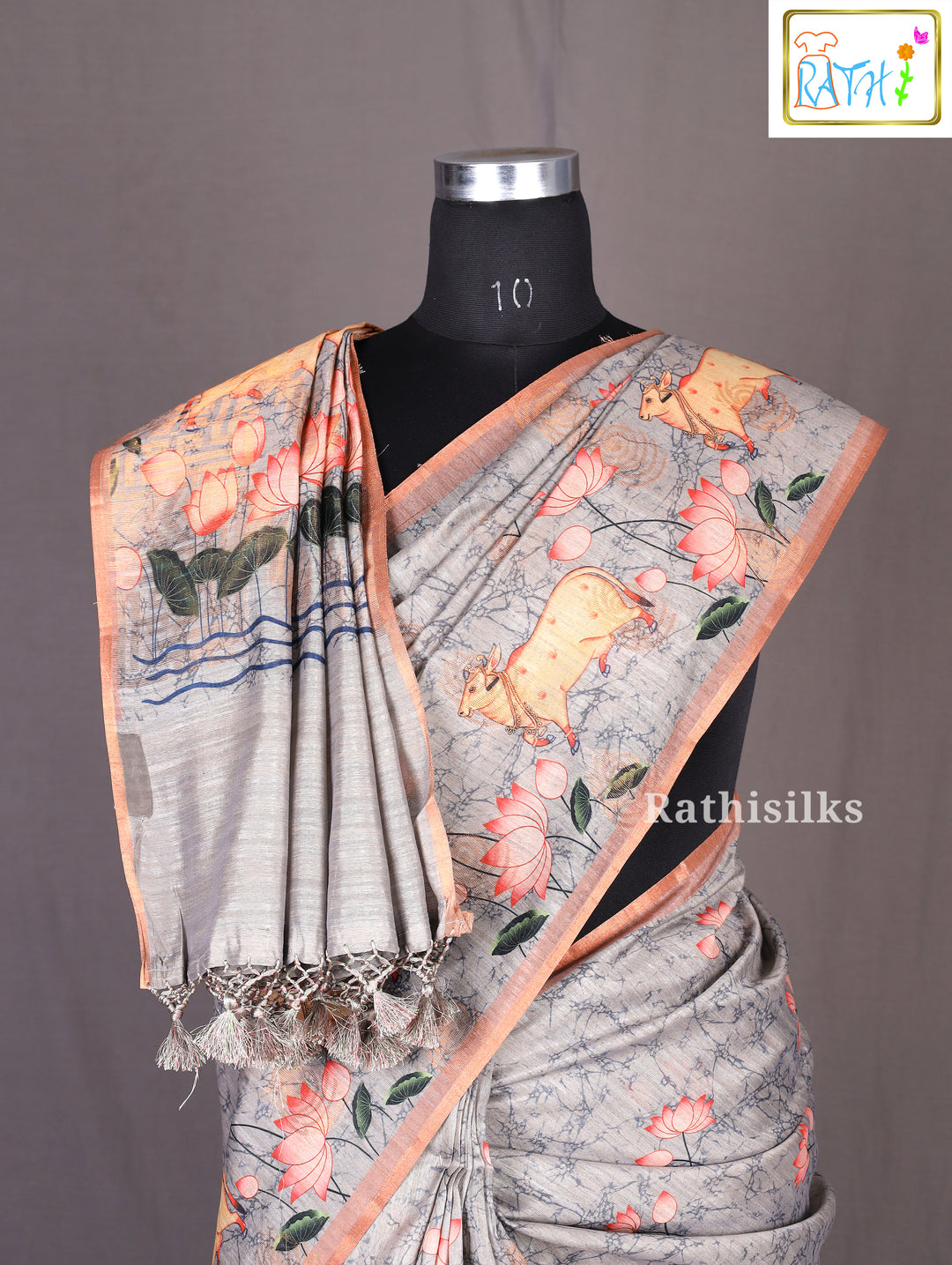 Grey Lotus & Cow Design Cotta Cotton Saree