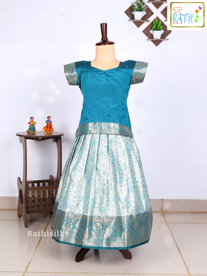 Teal Karishma Top with Silver Art Silk Pavadai Set
