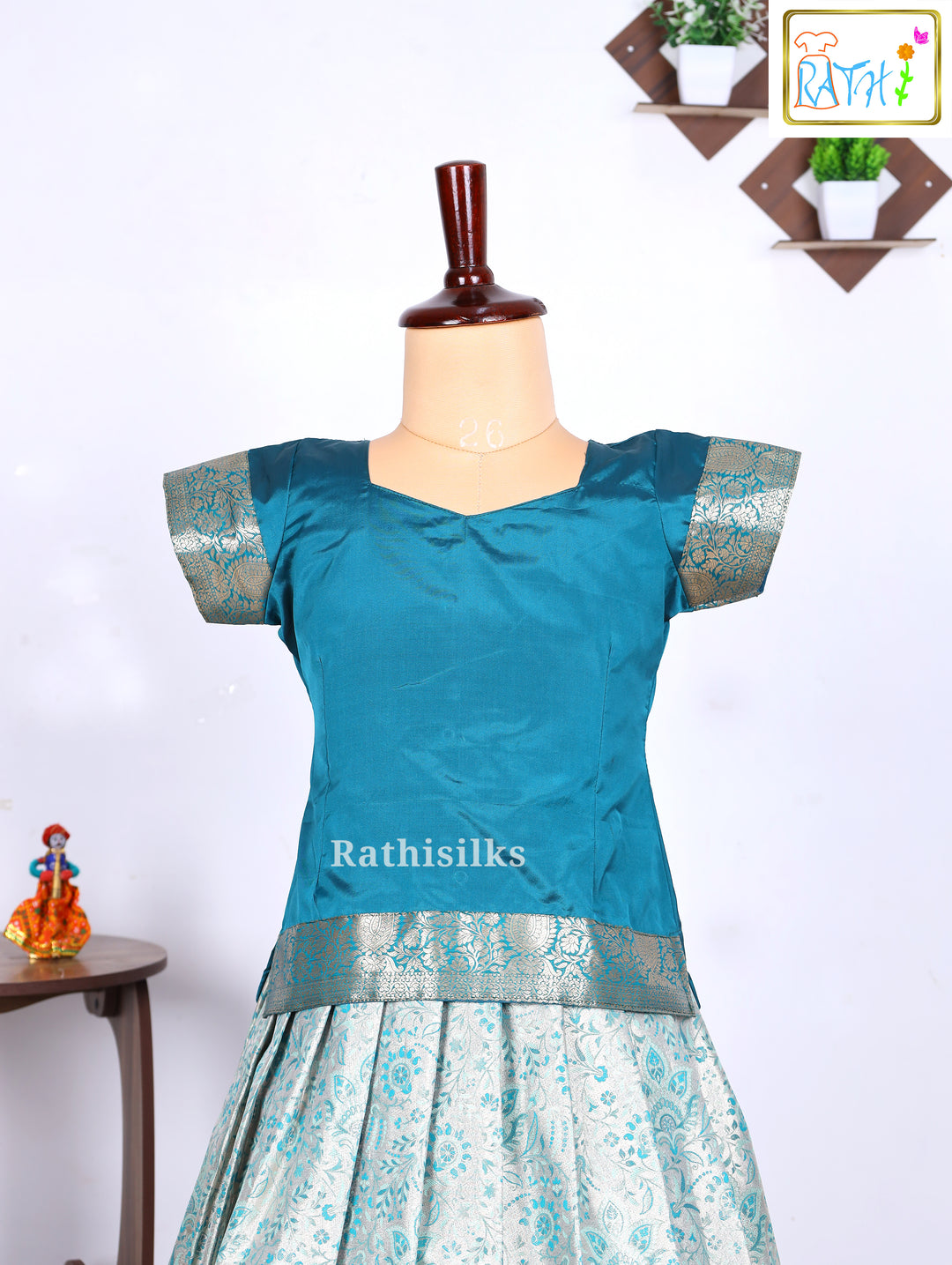 Teal Karishma Top with Silver Art Silk Pavadai Set