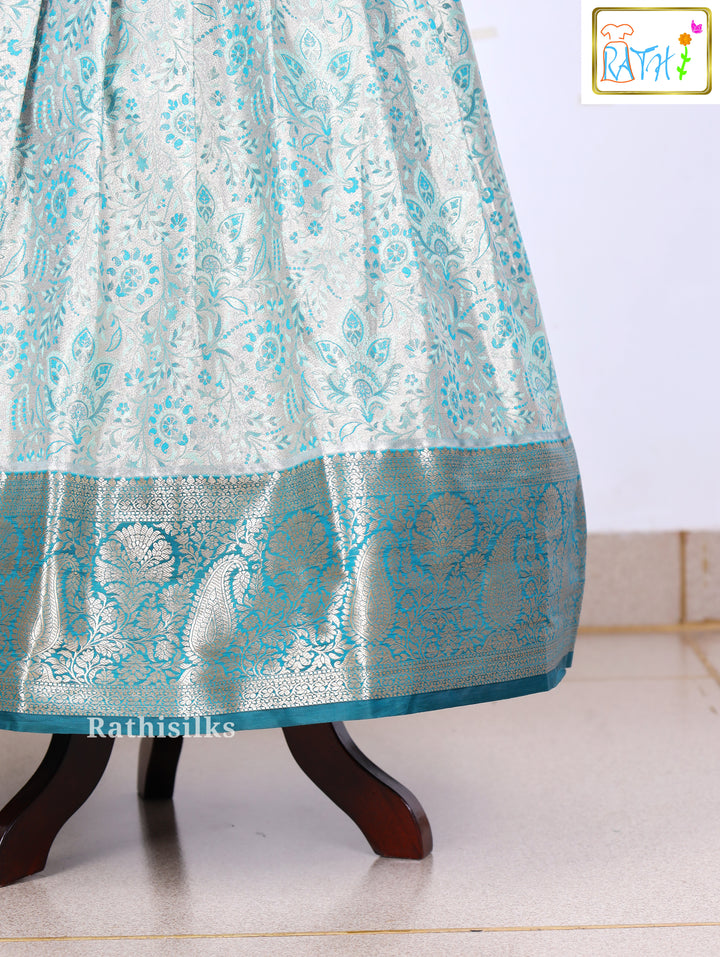 Teal Karishma Top with Silver Art Silk Pavadai Set