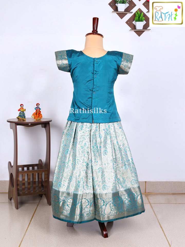 Teal Karishma Top with Silver Art Silk Pavadai Set
