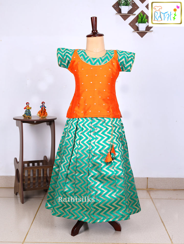 Orange Karishma Top with Green Zig-Zag Art Silk Pavadai Set