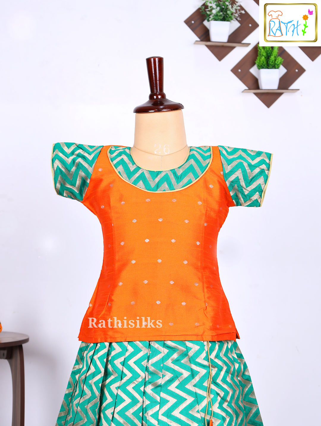 Orange Karishma Top with Green Zig-Zag Art Silk Pavadai Set