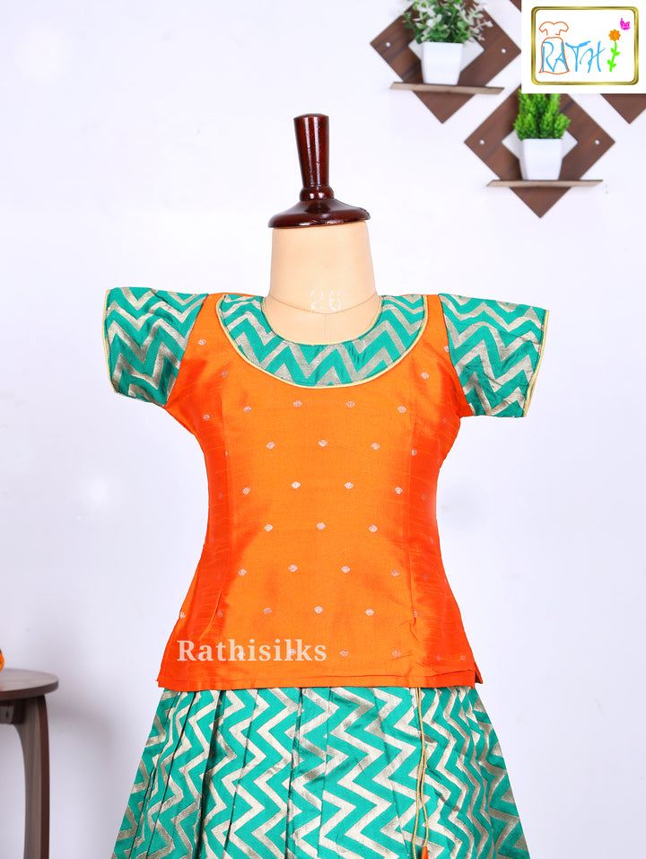 Orange Karishma Top with Green Zig-Zag Art Silk Pavadai Set