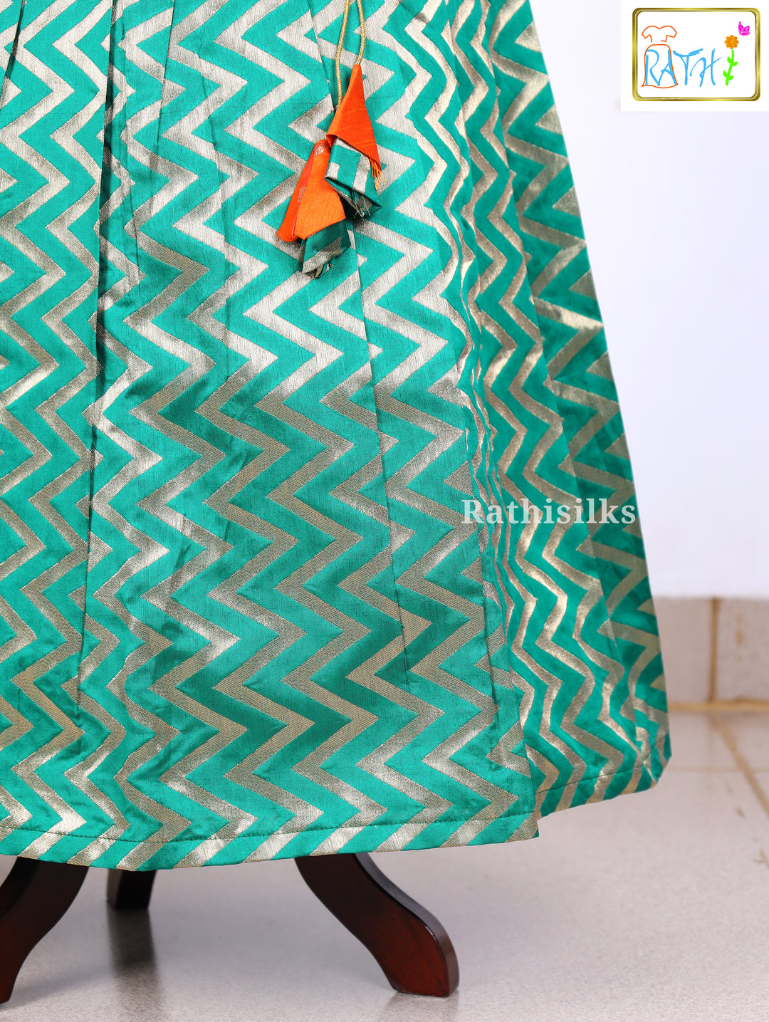 Orange Karishma Top with Green Zig-Zag Art Silk Pavadai Set