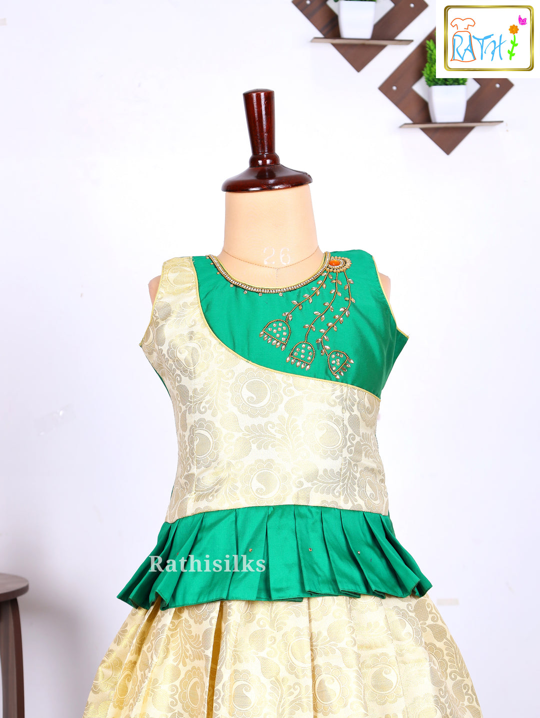 Green Peplum Style Brocade Art Silk Pavadai Set