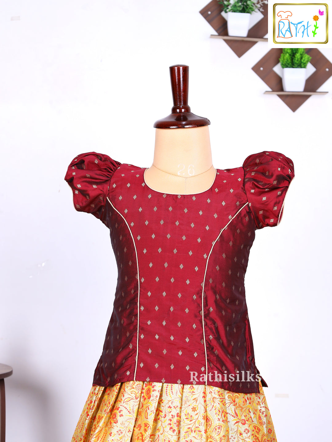 Maroon Karishma Top with Golden Brocade Art Silk Pavadai Set