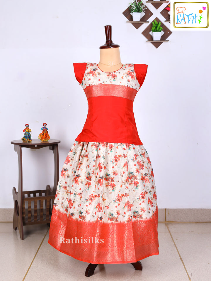 Red Karishma Top with White Floral Printed Art Silk Pavadai