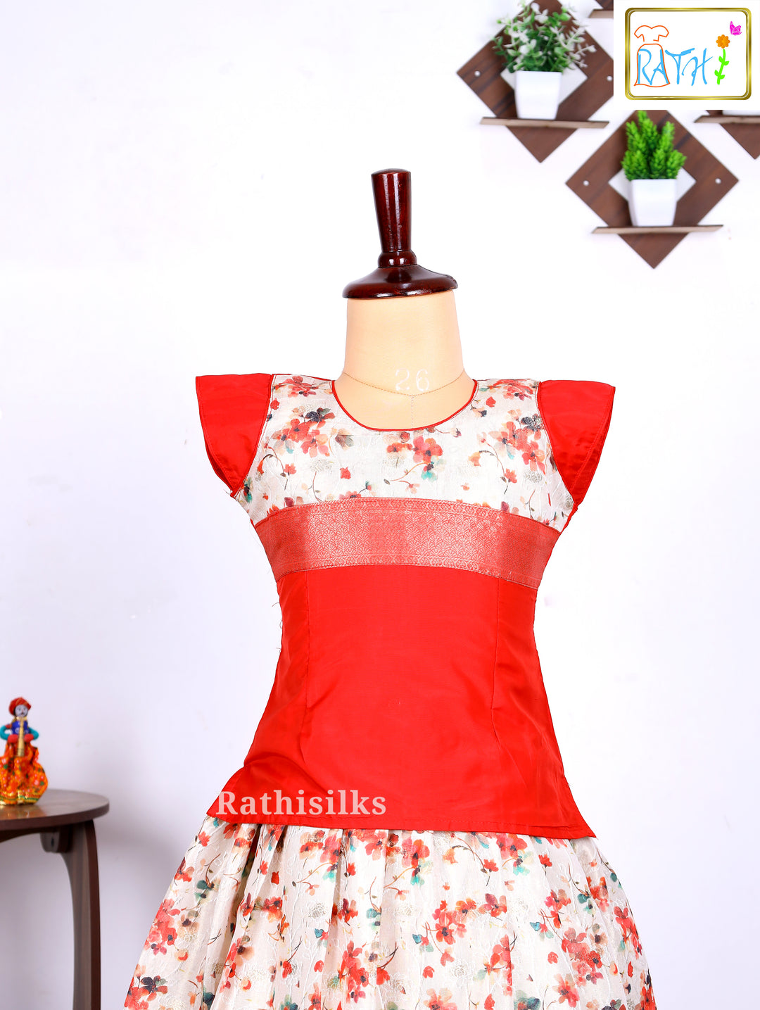 Red Karishma Top with White Floral Printed Art Silk Pavadai