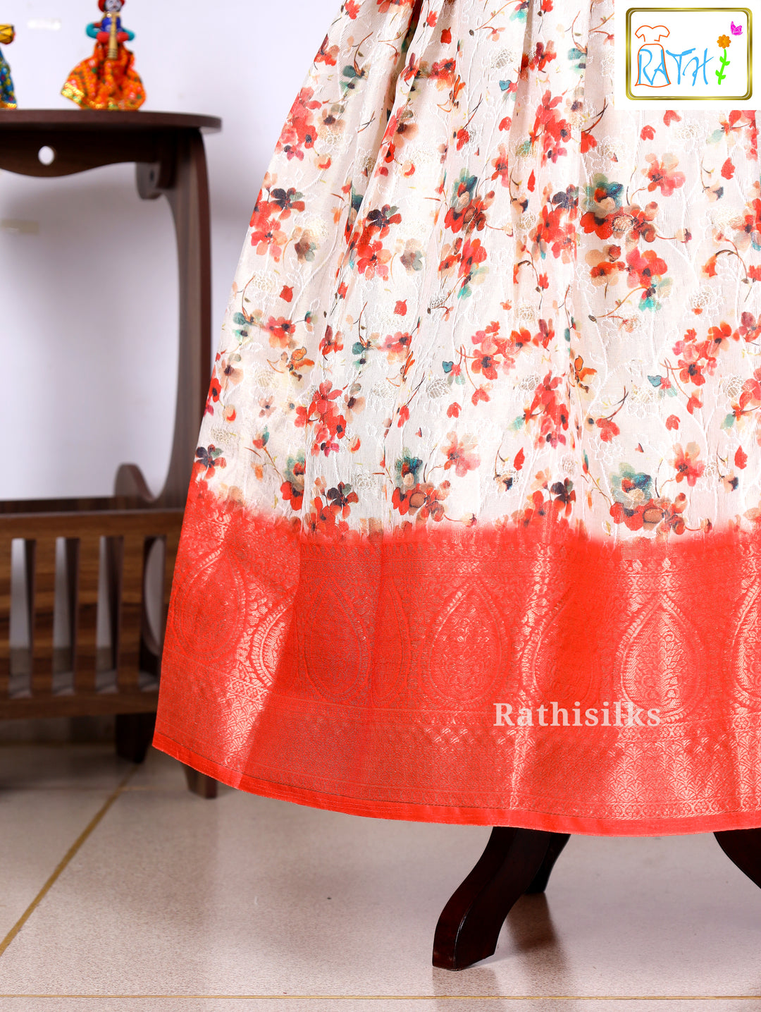 Red Karishma Top with White Floral Printed Art Silk Pavadai