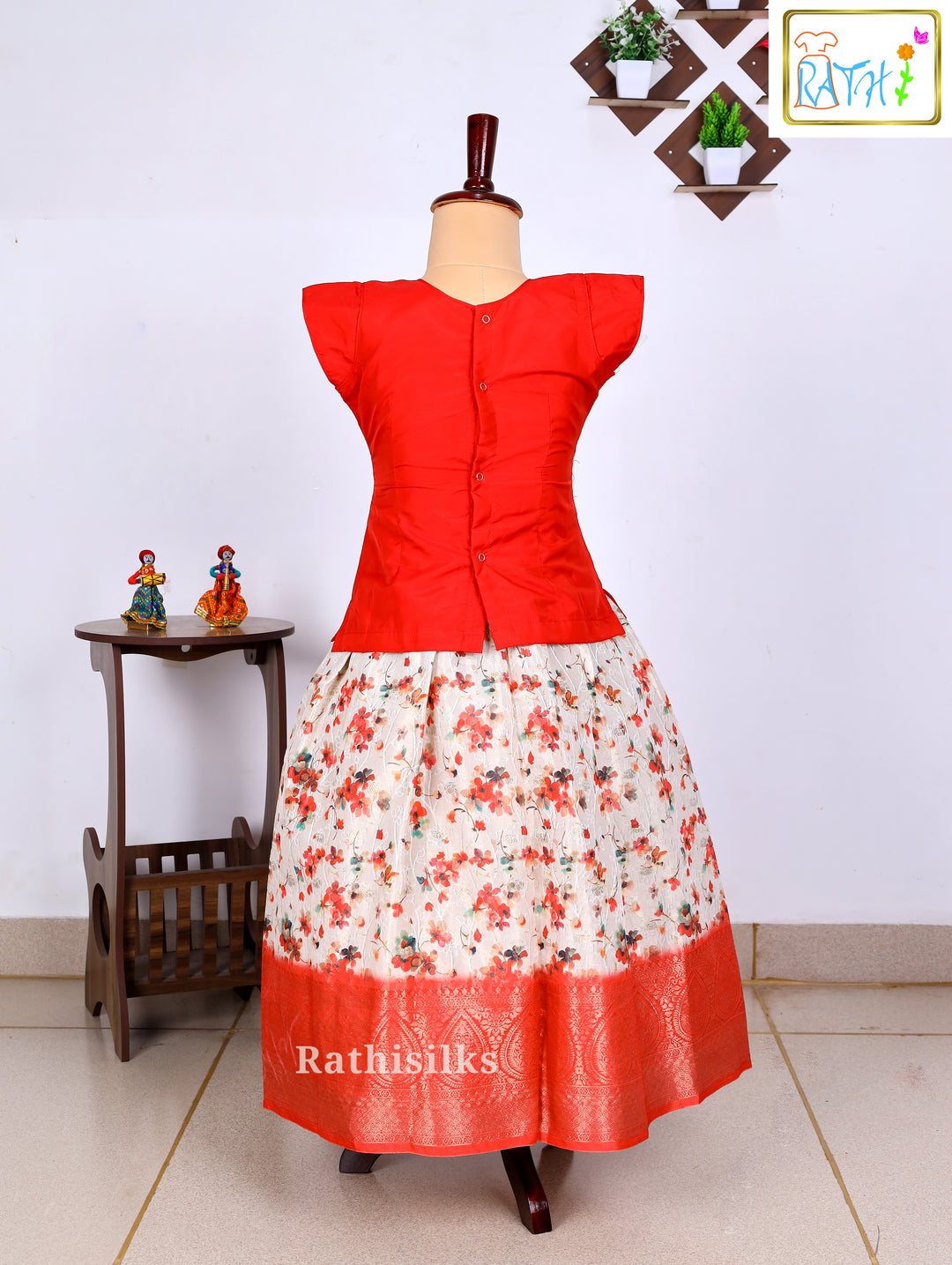 Red Karishma Top with White Floral Printed Art Silk Pavadai